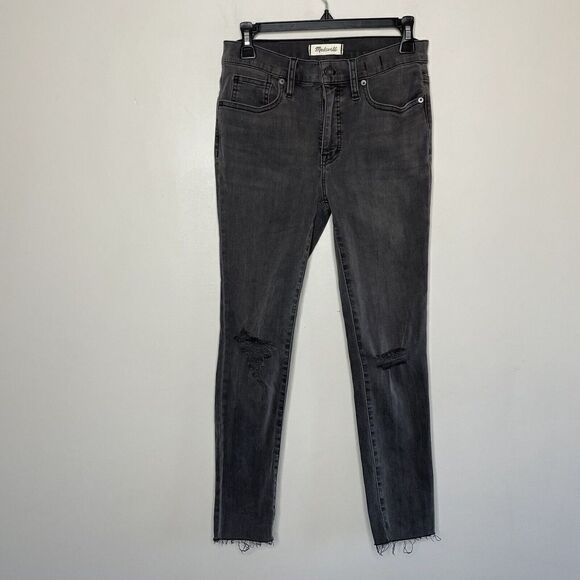 MADEWELL Skinny Jeans Womens Petite 27P Black Mid-Rise Stretch Rip Knee H3149 - Picture 2 of 10
